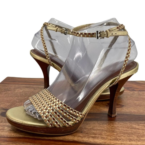 Vintage Shoes - Vintage Y2K Franco Sarto High Heels Open Toe Ankle Buckle Gold Metallic  | 7.5